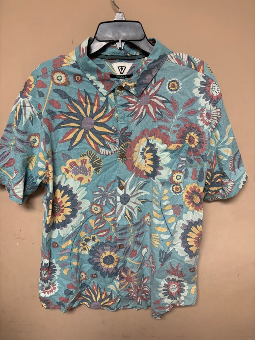 VISSLA Teal Floral Short Sleeve Button-Up Shirt